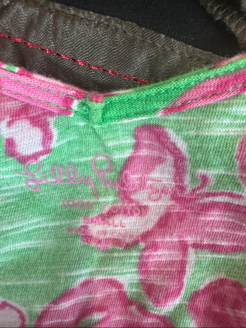 Lilly Pulitzer Green & Pink Floral Logo Tee Rouched Sleeves